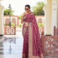 Maroon Silk Traditional Saree with Gold Zari Stripes Rich Border