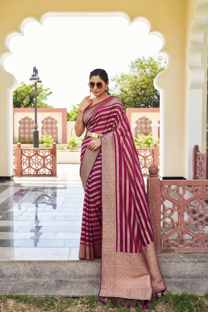 Maroon Silk Traditional Saree with Gold Zari Stripes Rich Border