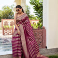 Maroon Silk Traditional Saree with Gold Zari Stripes Rich Border