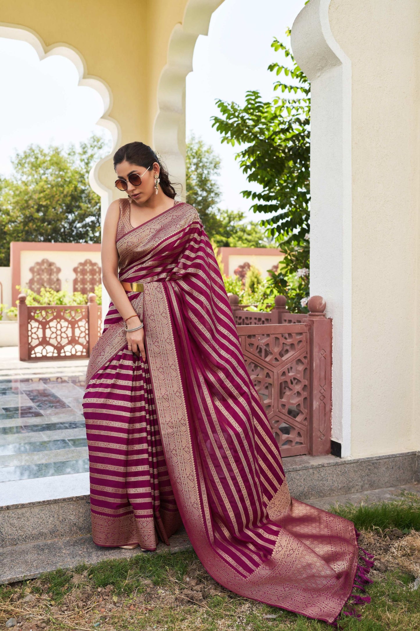 Maroon Silk Traditional Saree with Gold Zari Stripes Rich Border