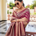 Maroon Silk Traditional Saree with Gold Zari Stripes Rich Border