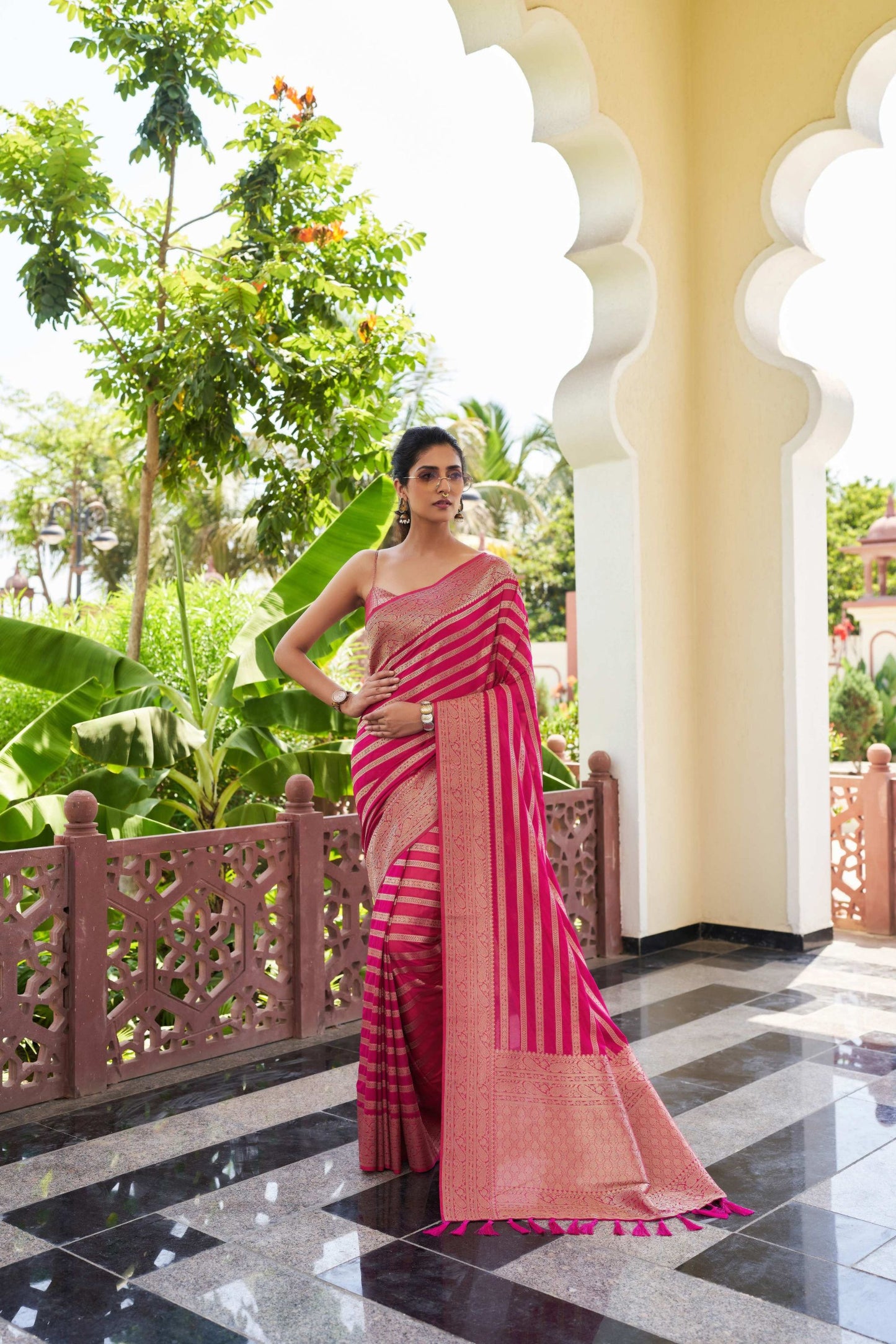 Rani Pink Silk Traditional Saree with Gold Zari Stripes Rich Woven Border