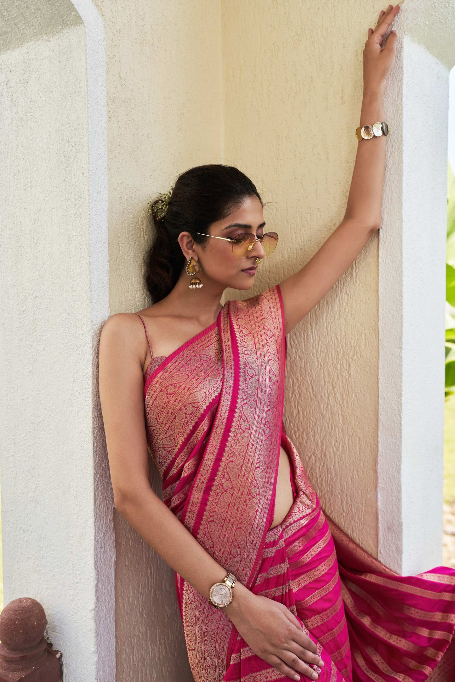 Rani Pink Silk Traditional Saree with Gold Zari Stripes Rich Woven Border