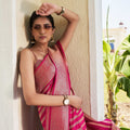 Rani Pink Silk Traditional Saree with Gold Zari Stripes Rich Woven Border