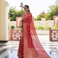 Red Silk Traditional Saree with Gold Zari Stripes Rich Woven Border
