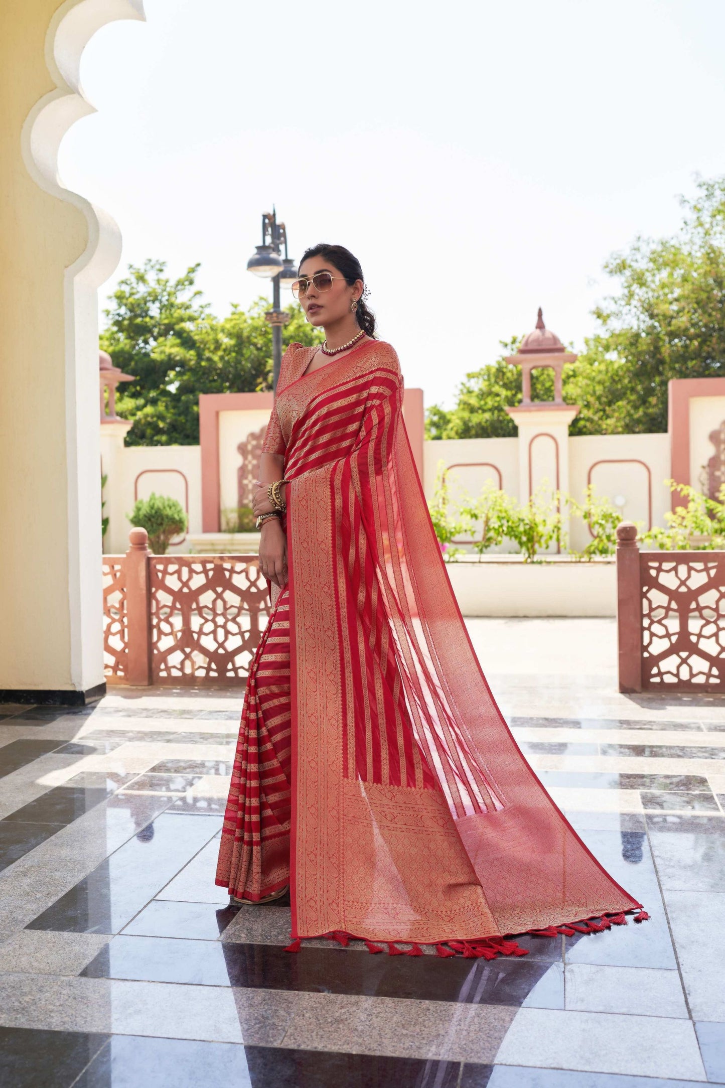 Red Silk Traditional Saree with Gold Zari Stripes Rich Woven Border