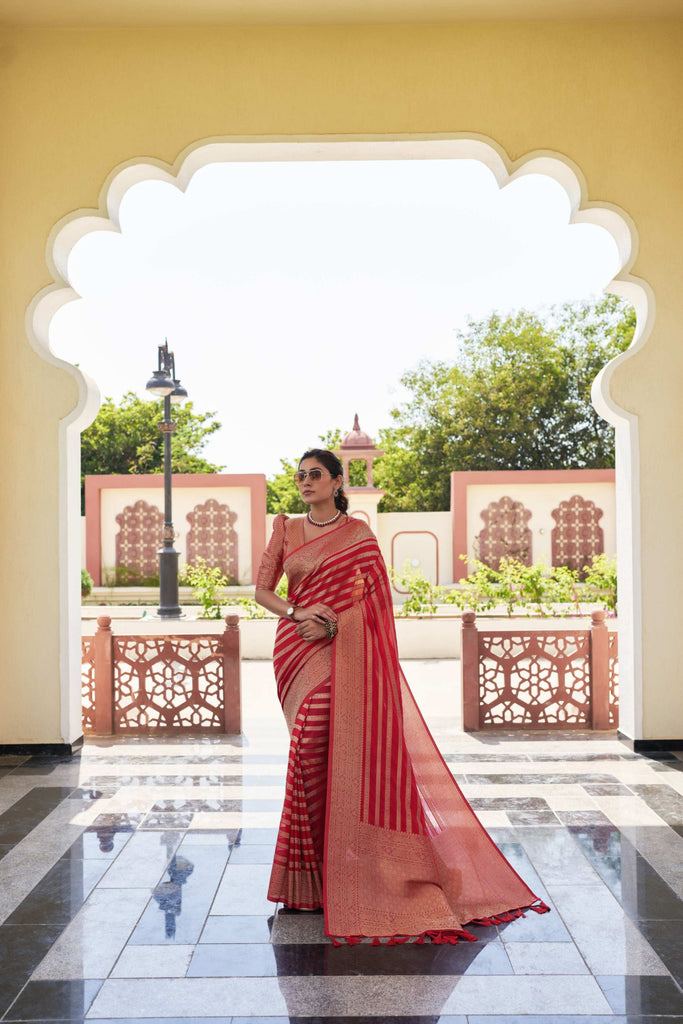 Red Silk Traditional Saree with Gold Zari Stripes Rich Woven Border