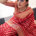 Red Silk Traditional Saree with Gold Zari Stripes Rich Woven Border