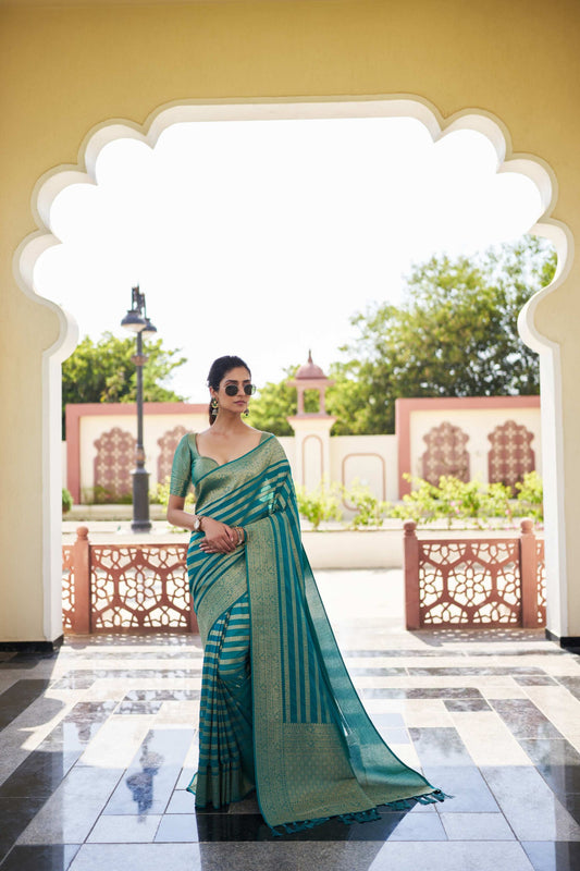 Elegant Teal Green Silk Saree with Gold Zari Stripes Rich Woven Border