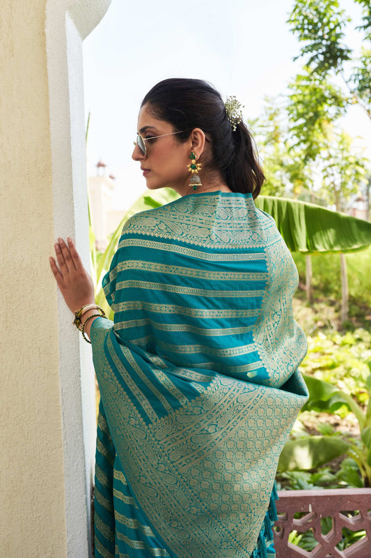 Elegant Teal Green Silk Saree with Gold Zari Stripes Rich Woven Border