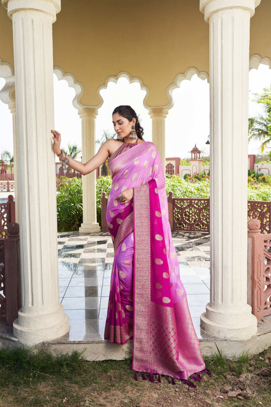 Magenta Pink Banarasi Silk Saree with Gold Zari and Rich Contrast Border