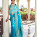 Turquoise Blue Banarasi Silk Saree Gold Zari Butta Contrast Border