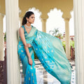 Turquoise Blue Banarasi Silk Saree Gold Zari Butta Contrast Border