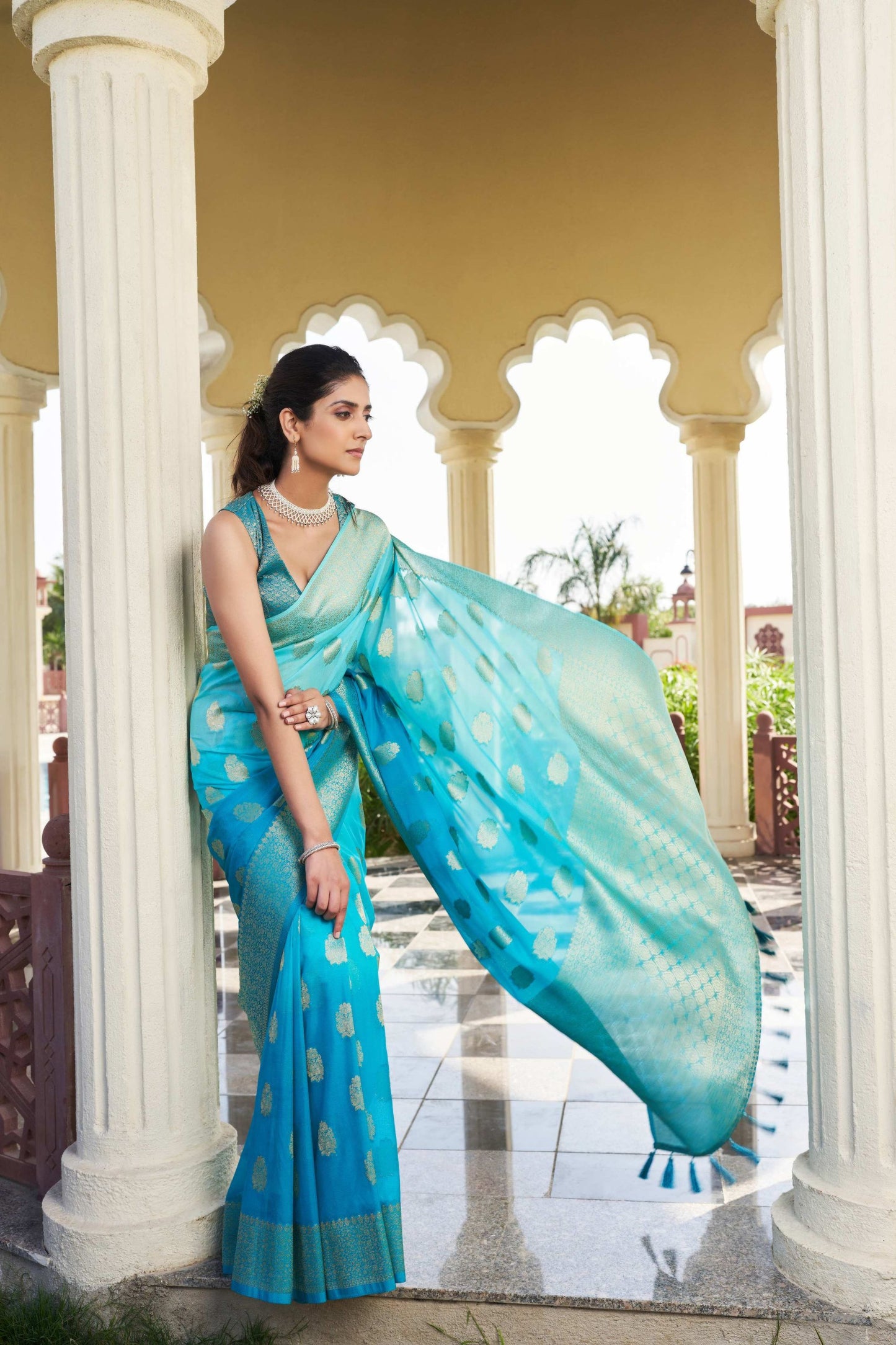 Turquoise Blue Banarasi Silk Saree Gold Zari Butta Contrast Border