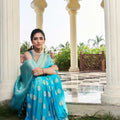 Turquoise Blue Banarasi Silk Saree Gold Zari Butta Contrast Border