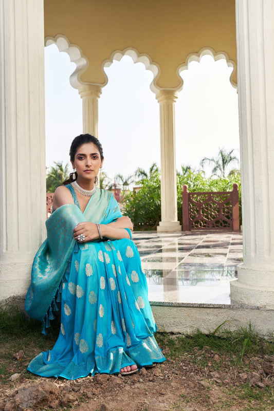 Turquoise Blue Banarasi Silk Saree Gold Zari Butta Contrast Border