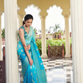 Turquoise Blue Banarasi Silk Saree Gold Zari Butta Contrast Border