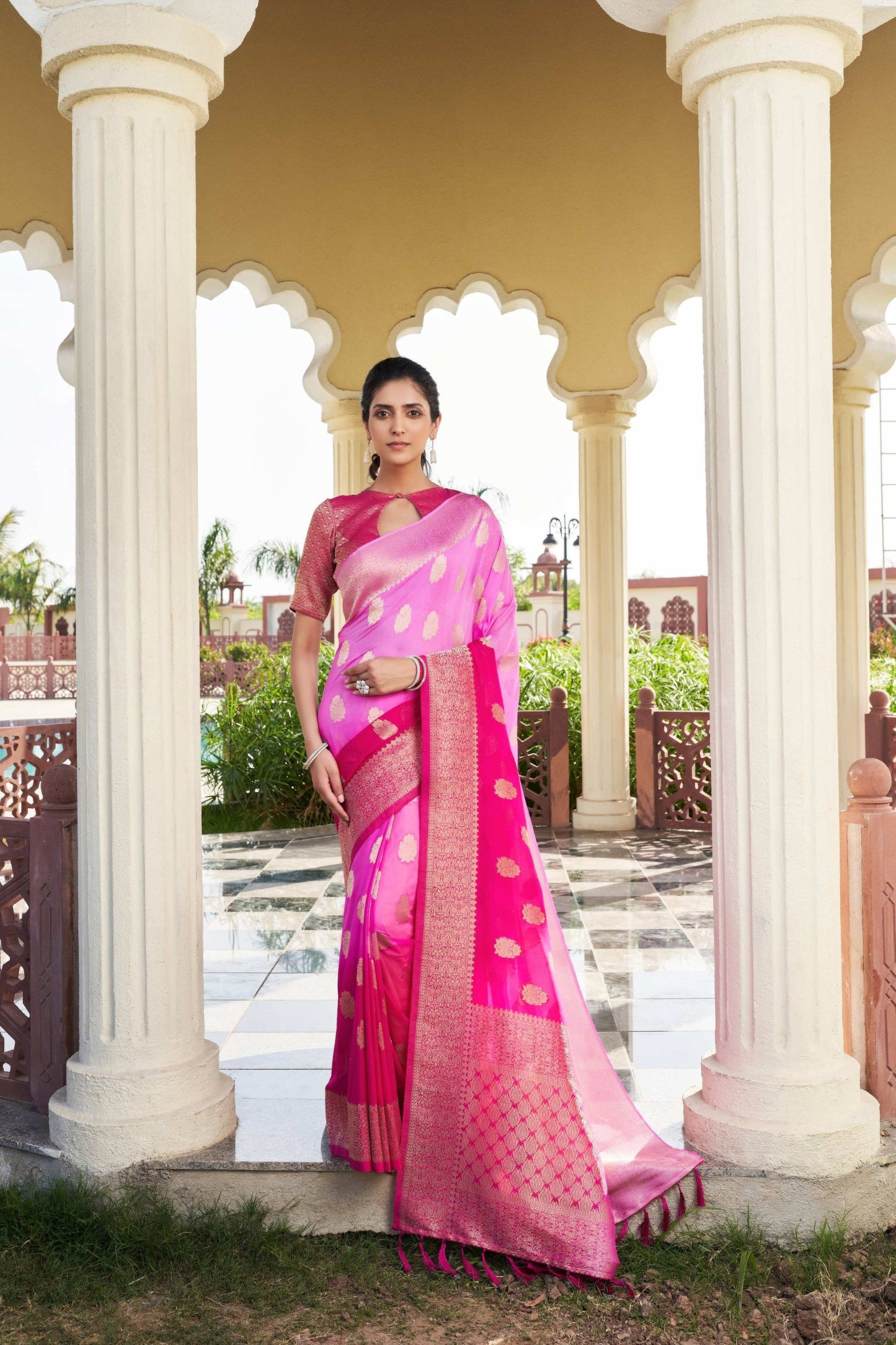 Rani Pink Banarasi Silk Saree Gold Zari Butta Work and Rich Woven Border