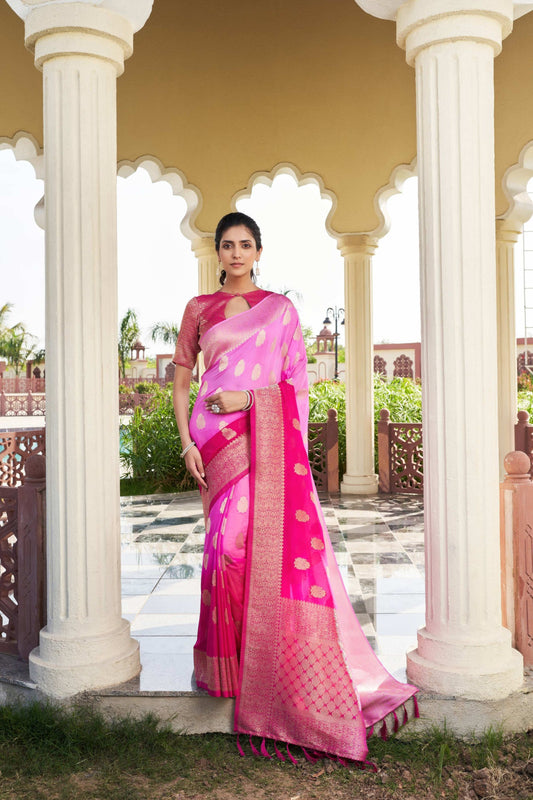 Rani Pink Banarasi Silk Saree Gold Zari Butta Work and Rich Woven Border