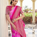 Rani Pink Banarasi Silk Saree Gold Zari Butta Work and Rich Woven Border