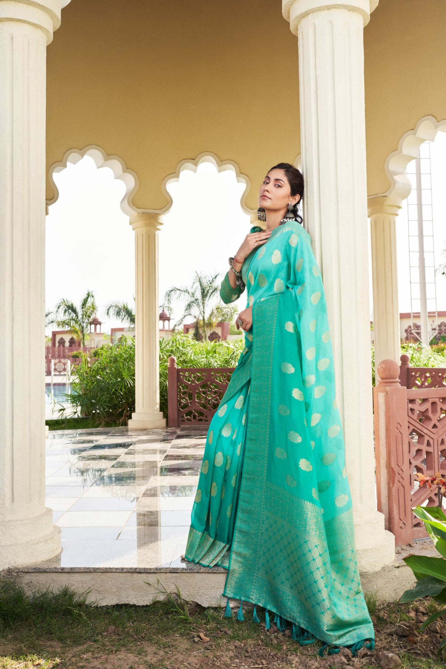 Sea Green Banarasi Silk Saree with Gold Zari Butta Rich Woven Border