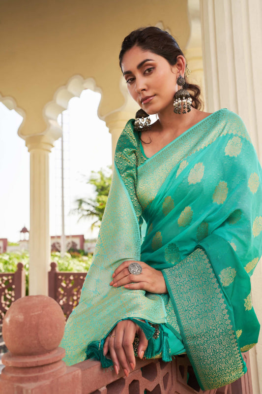Sea Green Banarasi Silk Saree with Gold Zari Butta Rich Woven Border