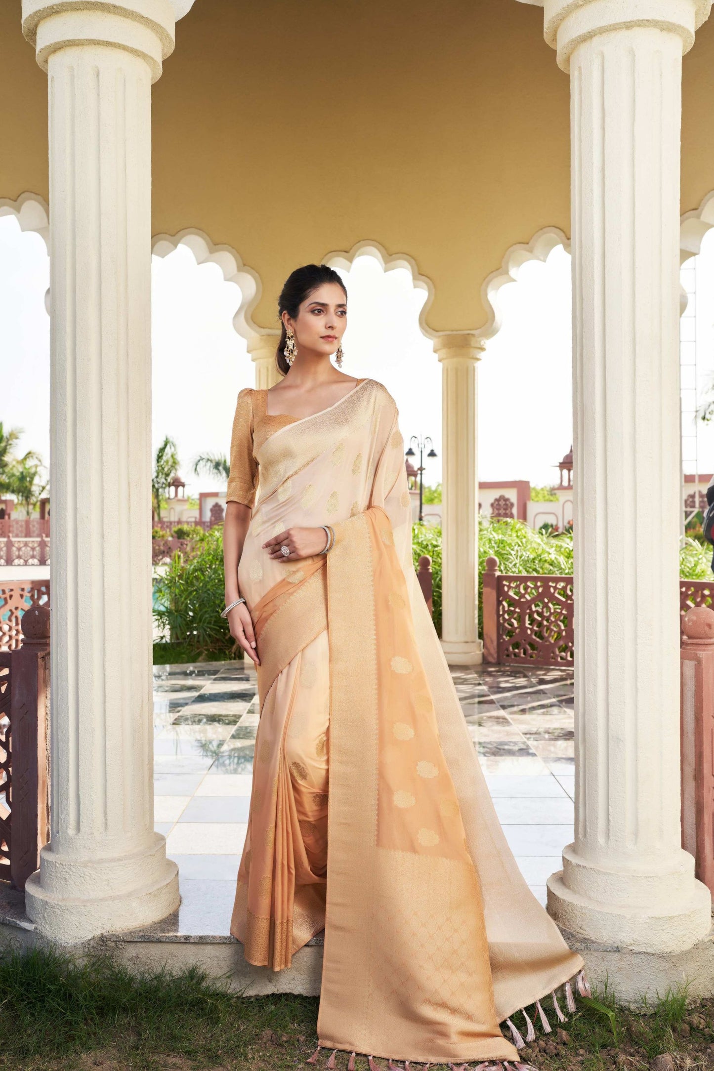 Beige Gold Banarasi Silk Saree with Zari Butta Work and Rich Woven Border