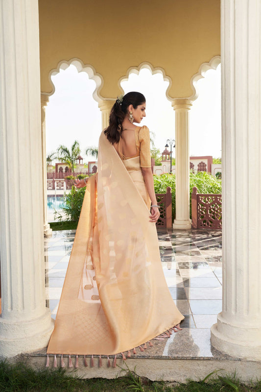 Beige Gold Banarasi Silk Saree with Zari Butta Work and Rich Woven Border