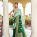  Dark Green Banarasi Silk Saree with Gold Zari Butta Work and Rich Woven Border