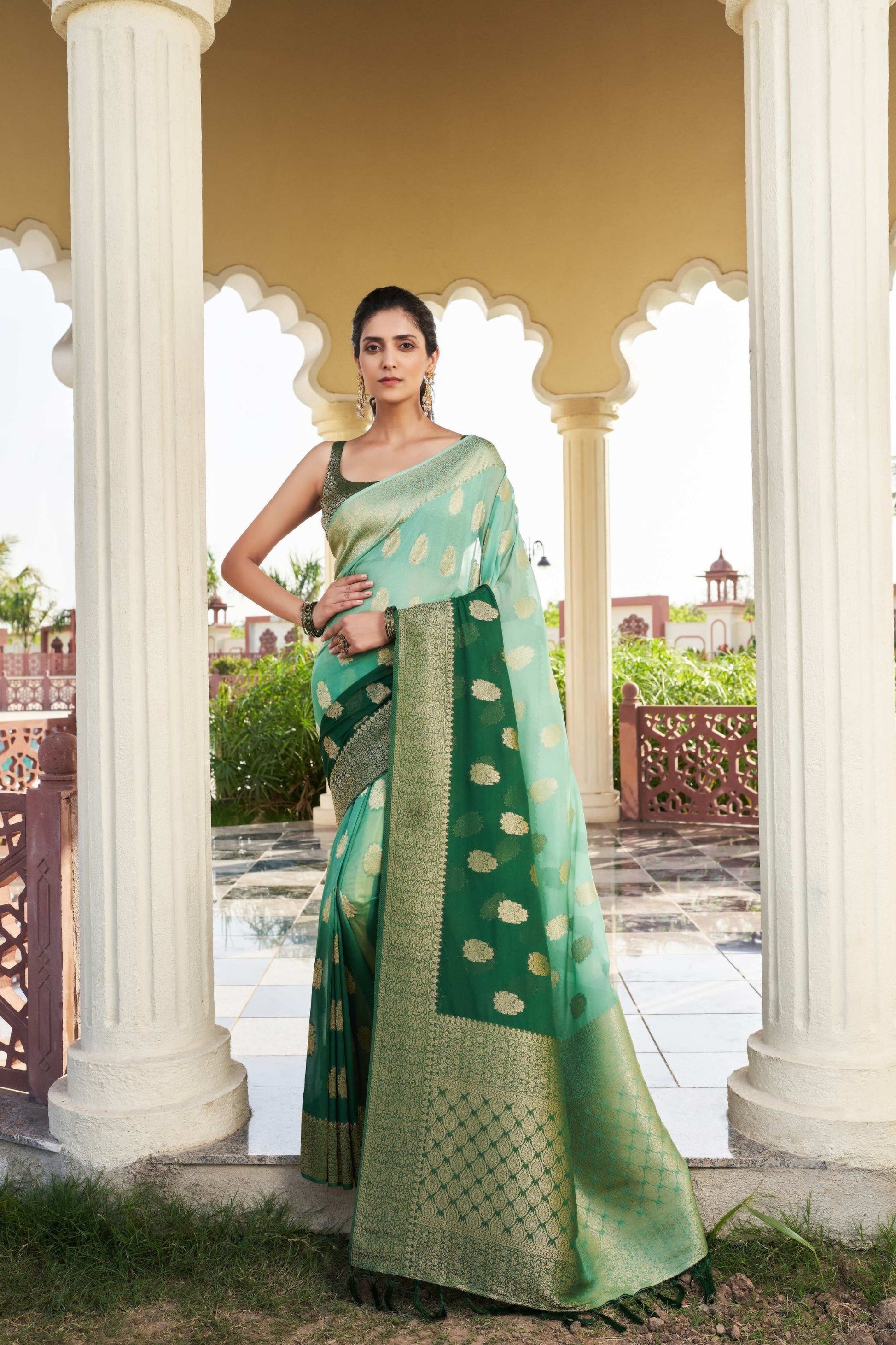  Dark Green Banarasi Silk Saree with Gold Zari Butta Work and Rich Woven Border