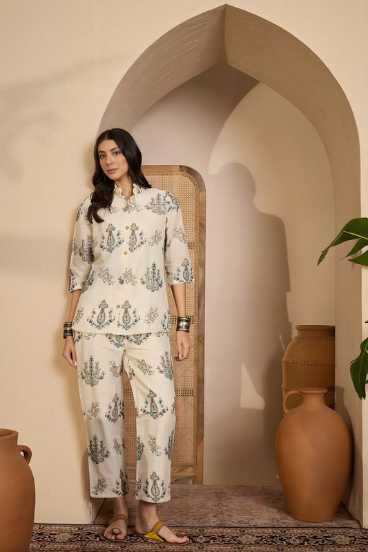 Elegant Beige Floral Printed Khadi Silk Kurta Pant Co-Ord Set