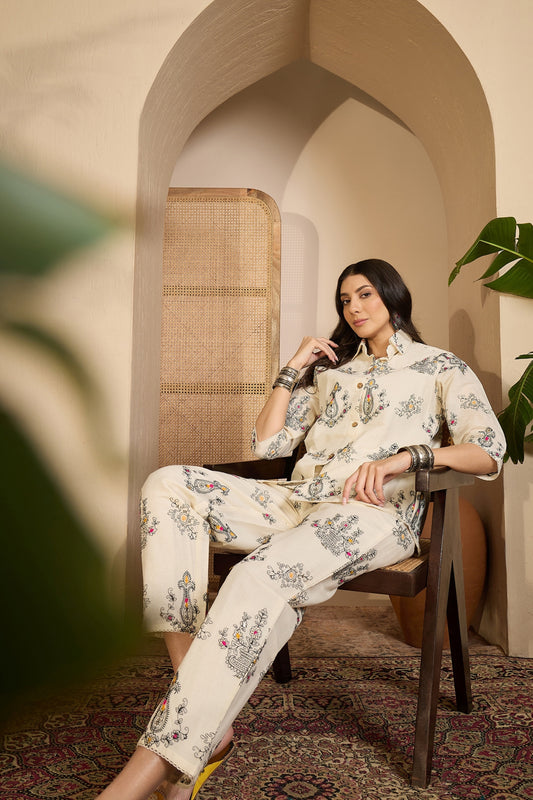 Elegant Beige Floral Printed Khadi Silk Kurta Pant Co-Ord Set