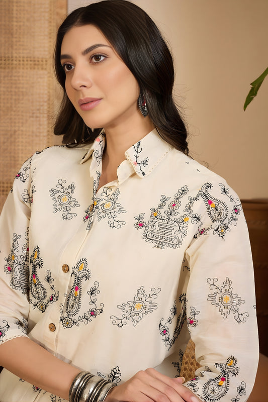 Elegant Beige Floral Printed Khadi Silk Kurta Pant Co-Ord Set