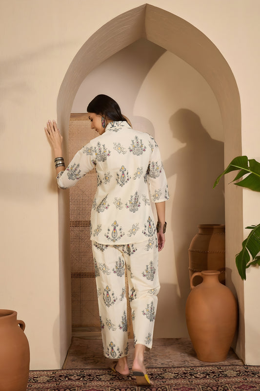 Elegant Beige Floral Printed Khadi Silk Kurta Pant Co-Ord Set