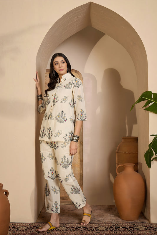 Elegant Beige Floral Printed Khadi Silk Kurta Pant Co-Ord Set