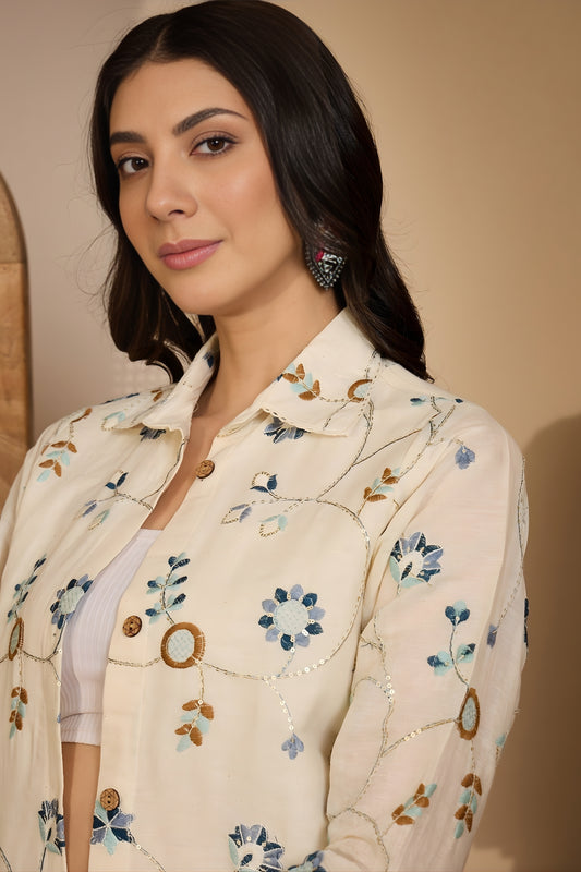 Stylish Beige Floral Printed Khadi Silk Kurta Pant Co-Ord Set