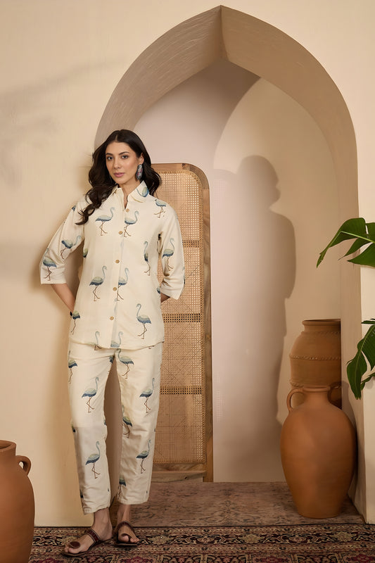Charming Beige Bird Printed Khadi Silk Kurta Pant Co-Ord Set