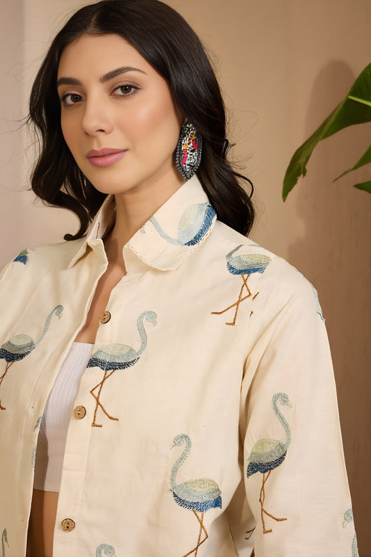 Charming Beige Bird Printed Khadi Silk Kurta Pant Co-Ord Set