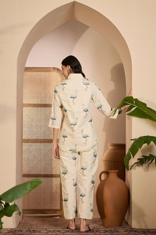 Charming Beige Bird Printed Khadi Silk Kurta Pant Co-Ord Set