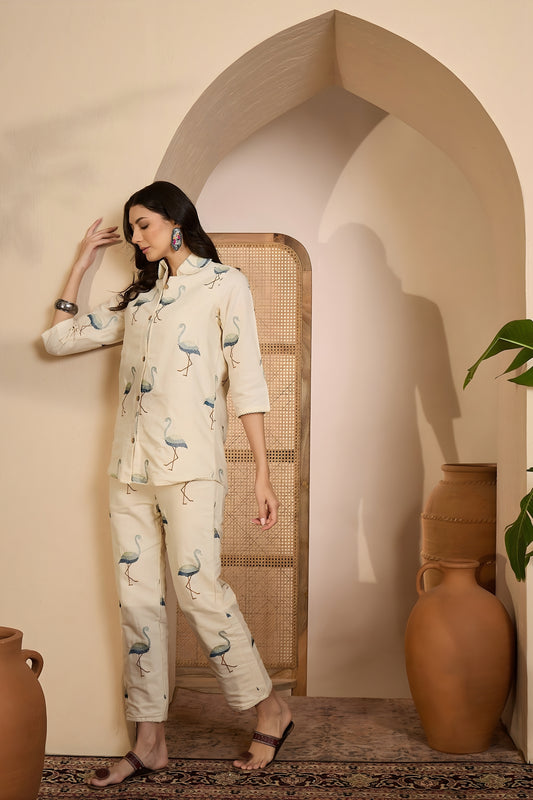 Charming Beige Bird Printed Khadi Silk Kurta Pant Co-Ord Set
