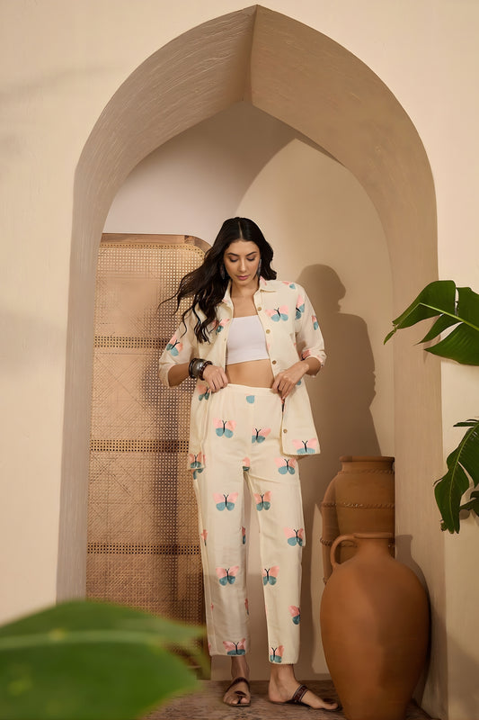 Trendy Beige Butterfly Printed Khadi Silk Kurta Pant Co-Ord Set