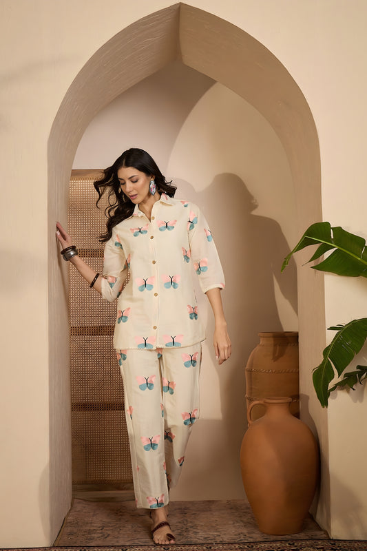 Trendy Beige Butterfly Printed Khadi Silk Kurta Pant Co-Ord Set