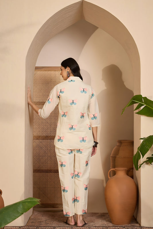 Trendy Beige Butterfly Printed Khadi Silk Kurta Pant Co-Ord Set