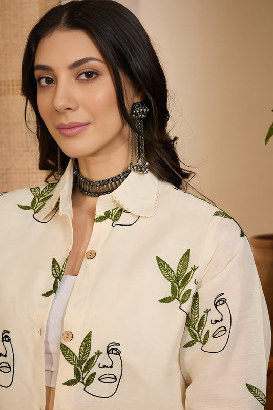 Modern Beige Abstract Face and Leaf Printed Khadi Silk Kurta Pant Co-Ord Set