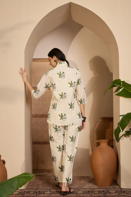 Modern Beige Abstract Face and Leaf Printed Khadi Silk Kurta Pant Co-Ord Set