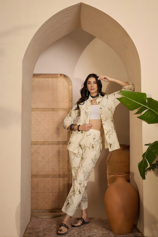 Latest Beige Floral Printed Khadi Silk Kurta Pant Co-Ord Set