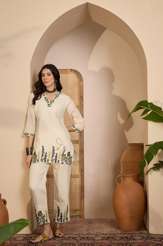 Impressive Beige Embroidered Floral Printed Khadi Silk Kurta Pant Set