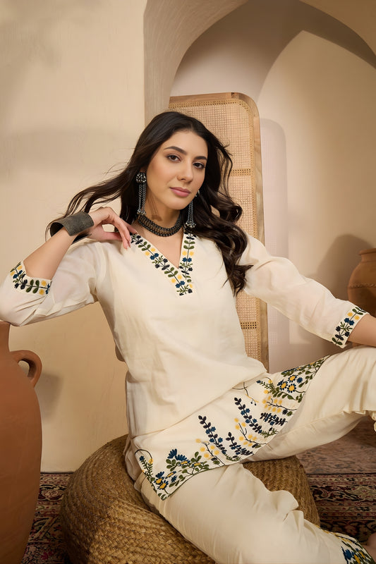 Impressive Beige Embroidered Floral Printed Khadi Silk Kurta Pant Set