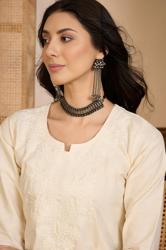 Premium Beige Embroidered Khadi Silk Straight Kurta Pant Set