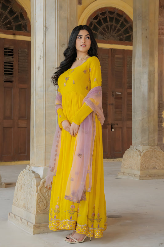 Elegant Mustard Yellow Embroidered Georgette Gown with Dupatta